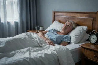 Femme senior allongée dans son lit en pleine nuit souffrant d'insomnie et fixant le plafond