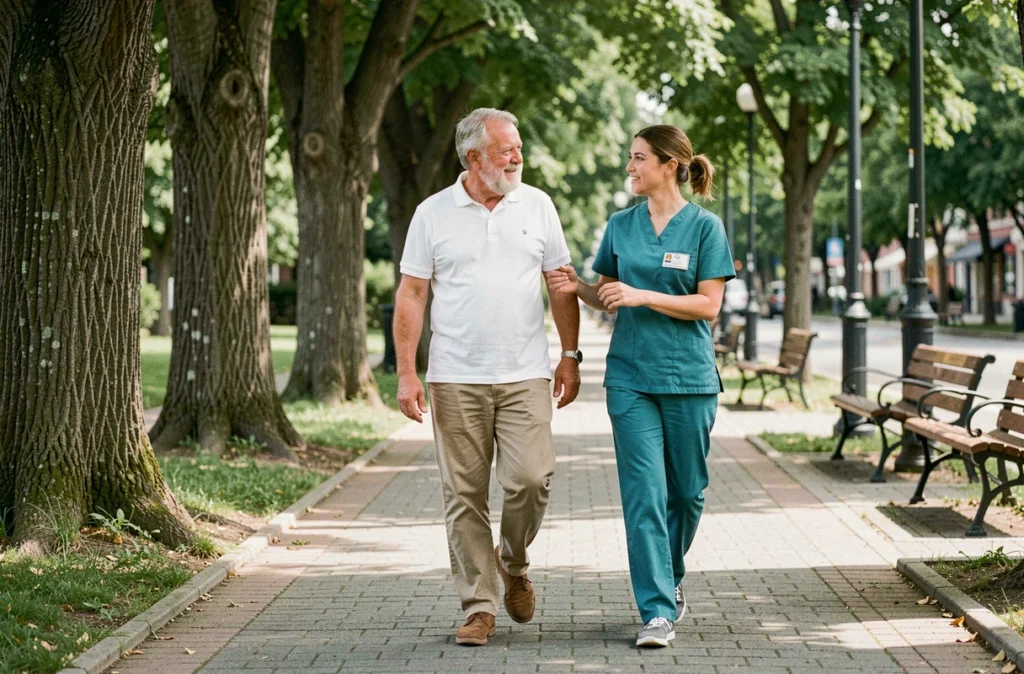 Physiothérapeute accompagnant un senior en marche thérapeutique dans un parc urbain pour améliorer son autonomie