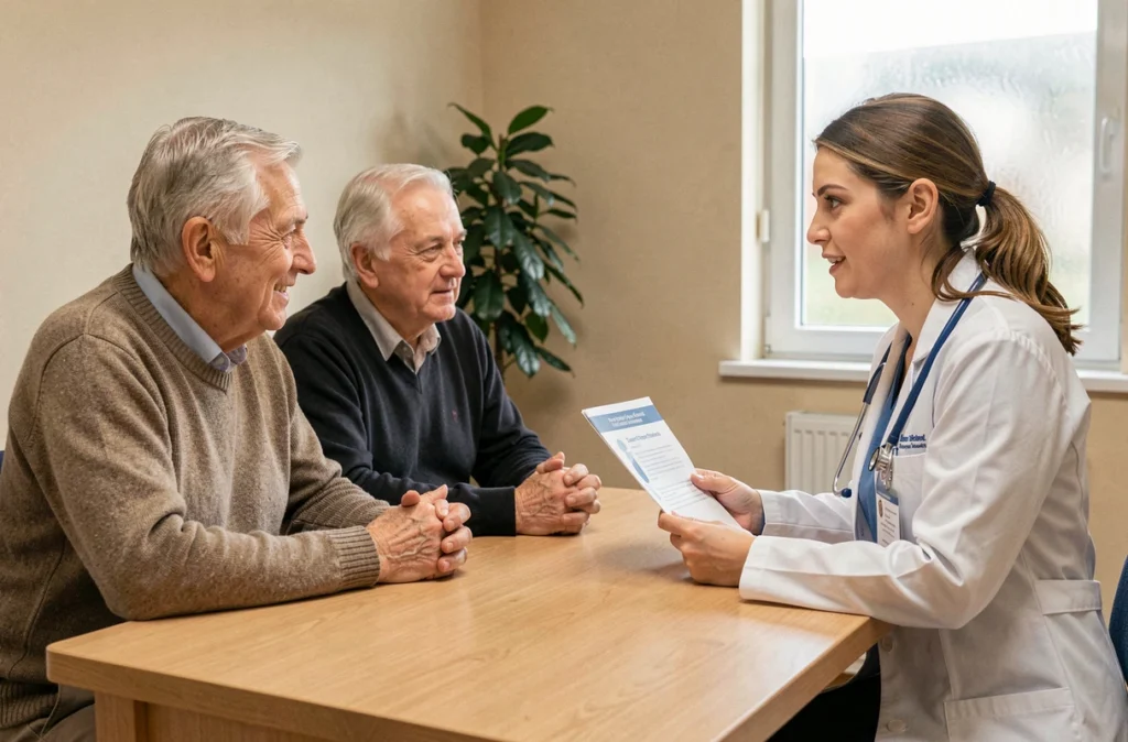 Couple de seniors en consultation médicale pour des troubles du sommeil avec leur médecin