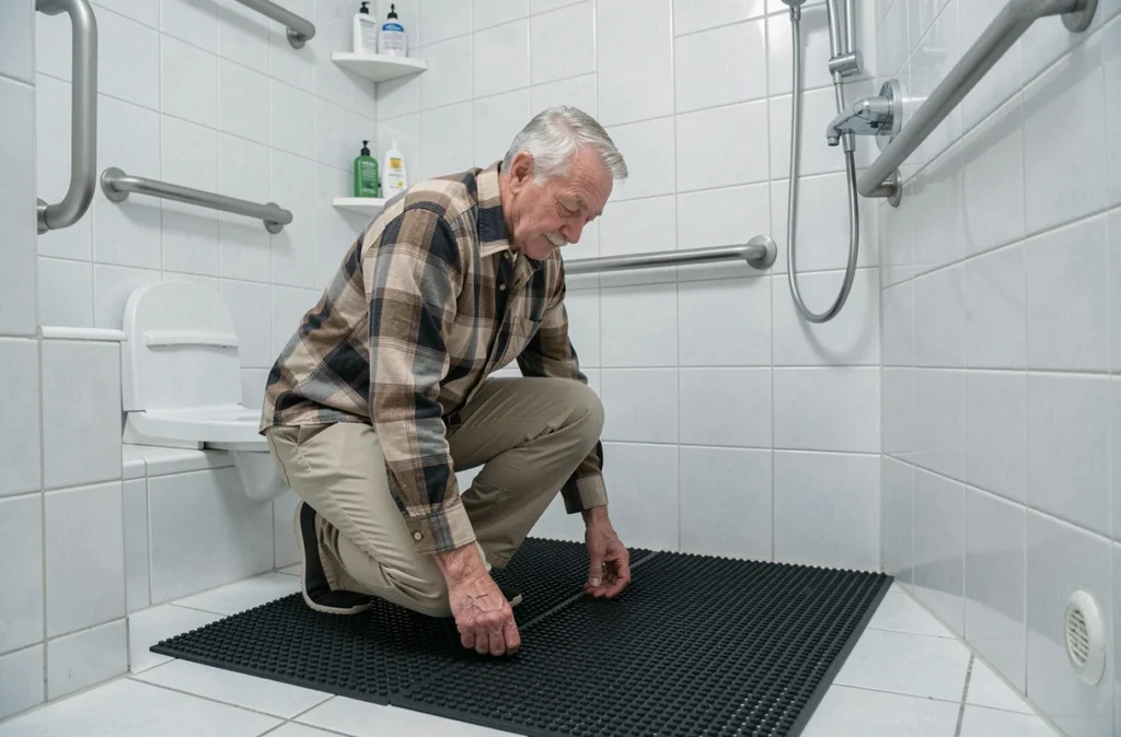 Homme âgé installant un tapis antidérapant dans une salle de bain adaptée pour prévenir les chutes