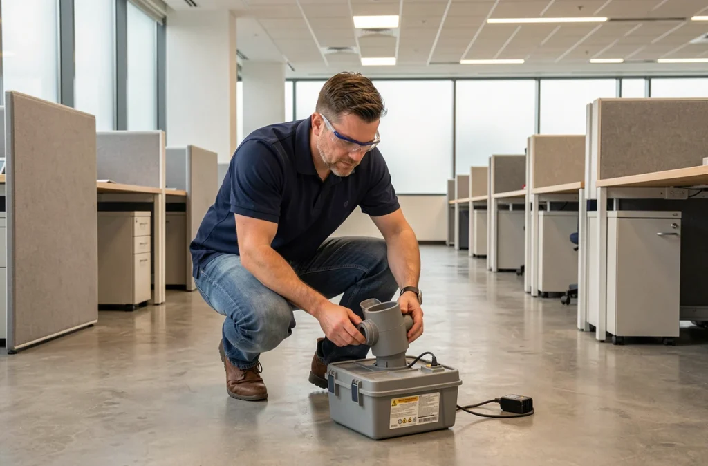 Technicien en environnement installant un collecteur d'air biologique dans un bureau pour mesurer la contamination microbiologique