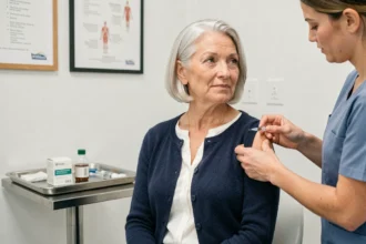 Femme de 60 ans recevant un vaccin recommandé dans un cabinet médical moderne