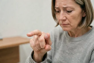 Femme d'âge mûr examinant une boule dure sur l'articulation du doigt lors d'une consultation médicale