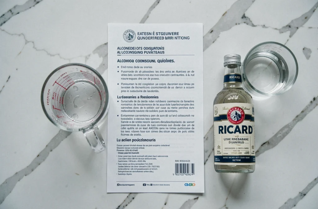 Vue de dessus d'une bouteille de Ricard, un verre doseur et une brochure médicale sur les recommandations de consommation d'alcool en 2026