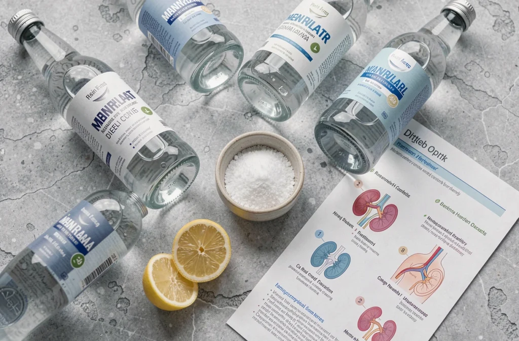 Bouteilles d'eau minérale, citron et sel disposés sur une surface en pierre, illustrant les meilleures eaux pour soulager les reins