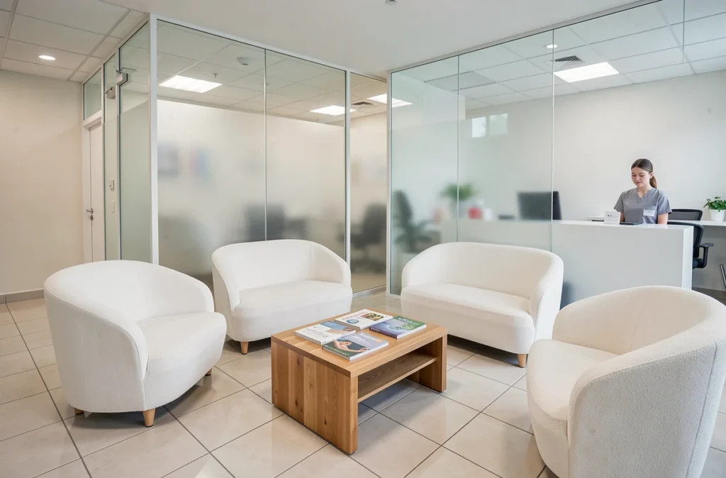 Salle d'attente du centre de médecine esthétique de Mouilleron-le-Captif avec mobilier moderne et accueil professionnel