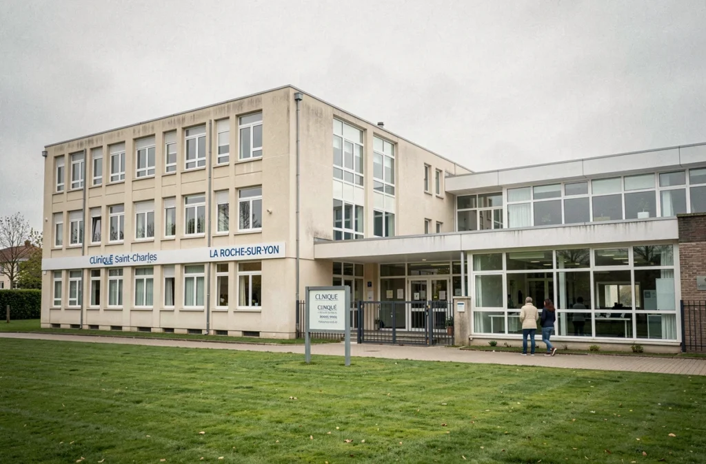 Vue extérieure de la Clinique Saint-Charles à La Roche-sur-Yon avec façade rénovée et entrée principale