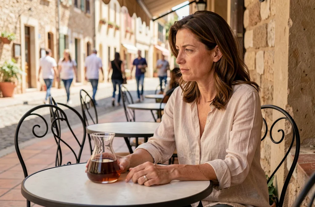Femme réfléchissant devant un verre de pastis sur une terrasse de café français, illustrant la consommation modérée d'alcool anisé