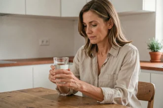 Femme tenant un verre d'eau minérale dans une cuisine moderne, illustrant l'hydratation pour soulager les reins fatigués