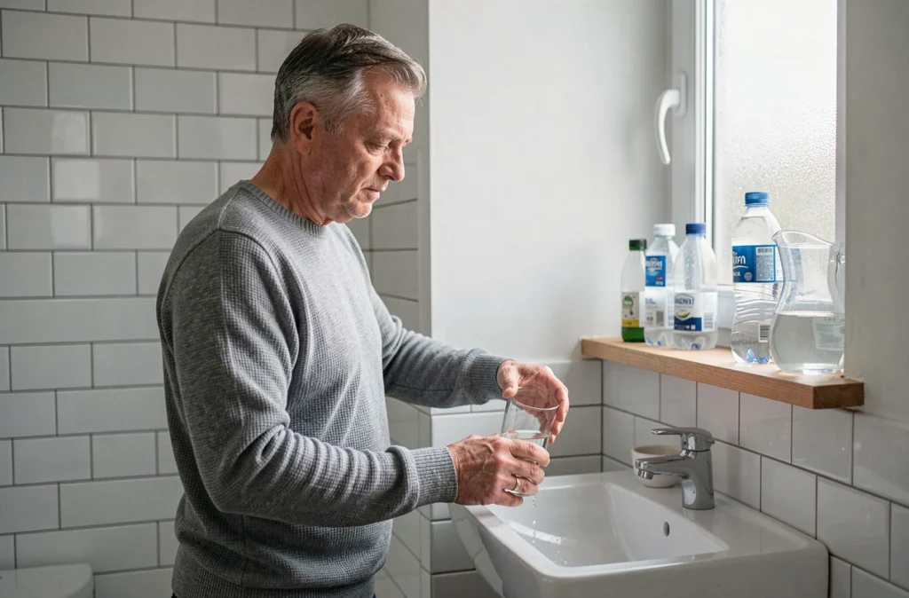 Homme remplissant un verre d'eau au robinet dans une salle de bain, symbolisant l'importance de l'hydratation pour la santé rénale