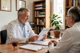 Médecin généraliste en consultation discutant des risques de consommation de Ricard avec un patient dans un cabinet médical réaliste