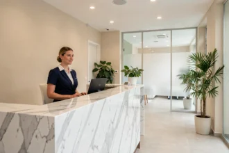 Hall d'accueil d'une clinique de chirurgie esthétique moderne en Vendée avec réceptionniste professionnelle