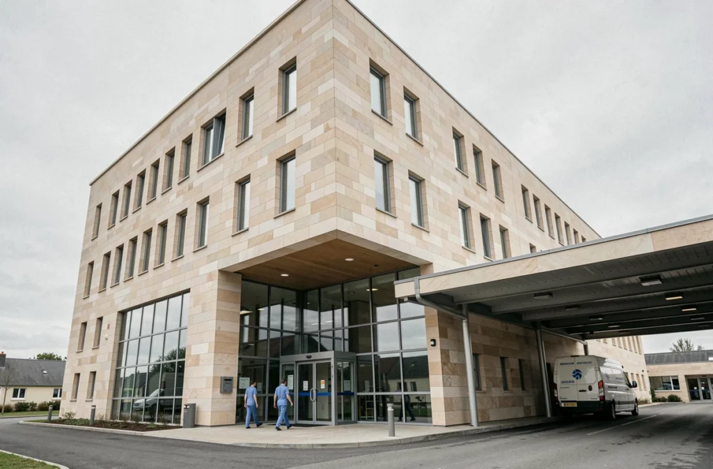Façade principale de la Polyclinique du Bocage à La Roche-sur-Yon avec entrée moderne et professionnels de santé