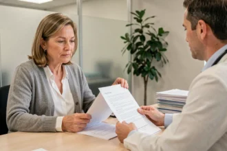 Femme consultant un conseiller en assurance maladie complémentaire pour comprendre la prise en charge à 100% des maladies longue durée