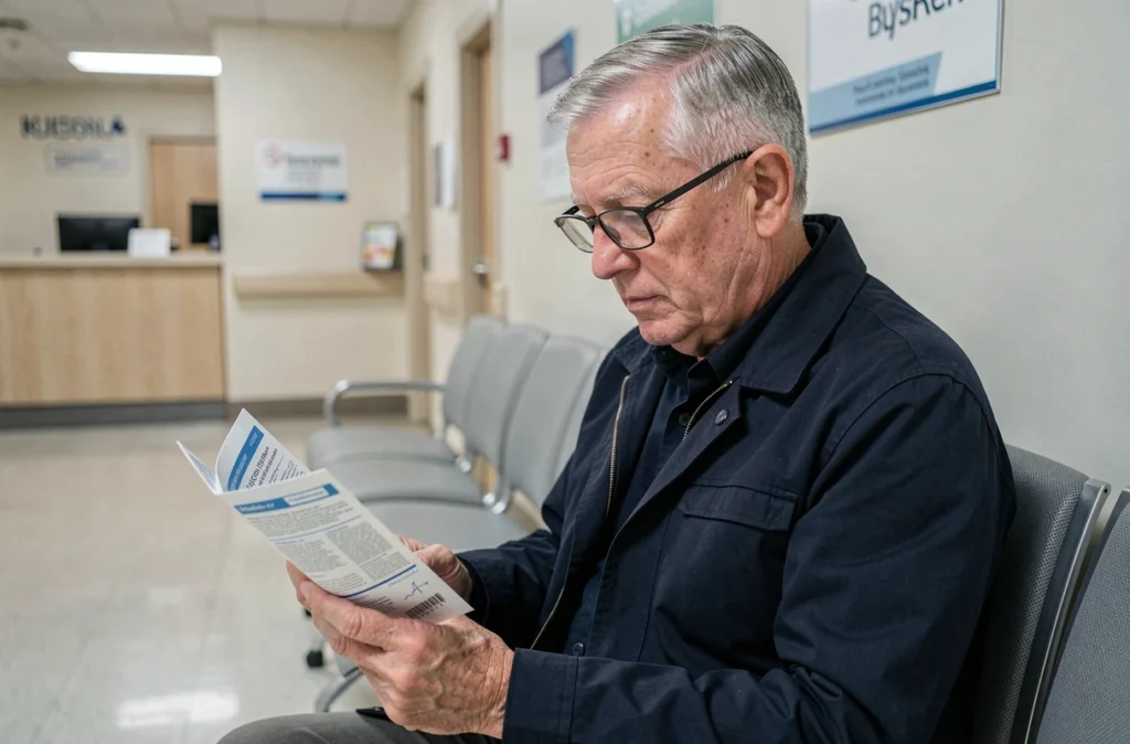Patient âgé lisant un document sur la liste des 30 maladies remboursées à 100% par l'Assurance Maladie dans une salle d'attente hospitalière